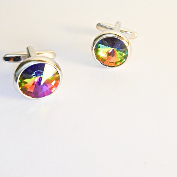 Watermelon Rivoli Crystal Cufflinks Sparkling  Rainbow Colors - Picture 1 of 2